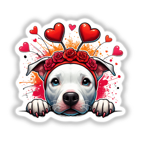 Splatter Hearts Peeking Pitbull Dog II illustration features a pitbull with a whimsical flower crown, available as stickers or digital artwork, capturing a playful and artistic essence.