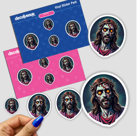 Sticker titled Jesus Christ As A Zombie, featuring a cartoon of a man with long hair and a beard, available as a unique vinyl sticker or digital artwork.