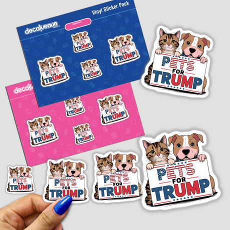 Pets for Trump - Cat and Pitbull Dog Maga II stickers featuring cartoon cats and dogs holding signs, available as a sticker pack or digital artwork from Decal Venue.