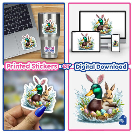 Mallard Duck and Easter Bunny Pals stickers, featuring a duck and bunny in a basket with eggs, available as unique vinyl decals or digital art from Decal Venue.