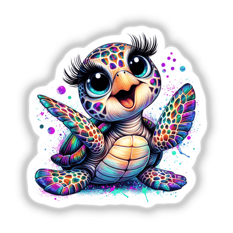 Colorful and vibrant digital illustration of a happy dancing sea turtle with large, expressive eyes, a cute expression, and intricate, prismatic patterns covering its shell and body. The turtle appears to be in a lively, joyful pose, surrounded by splashes of vibrant colors and dots, creating a whimsical and playful scene.