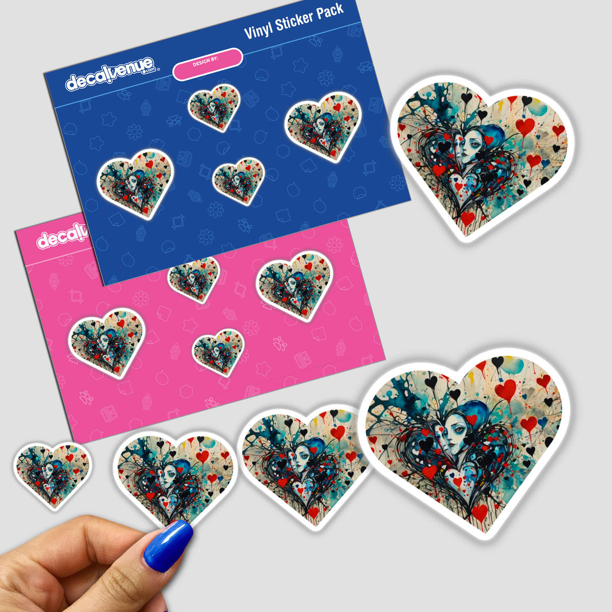 Its about Love sticker pack featuring heart-shaped designs with a woman's face, displayed with a hand interacting with the stickers, available as unique stickers or digital artwork.