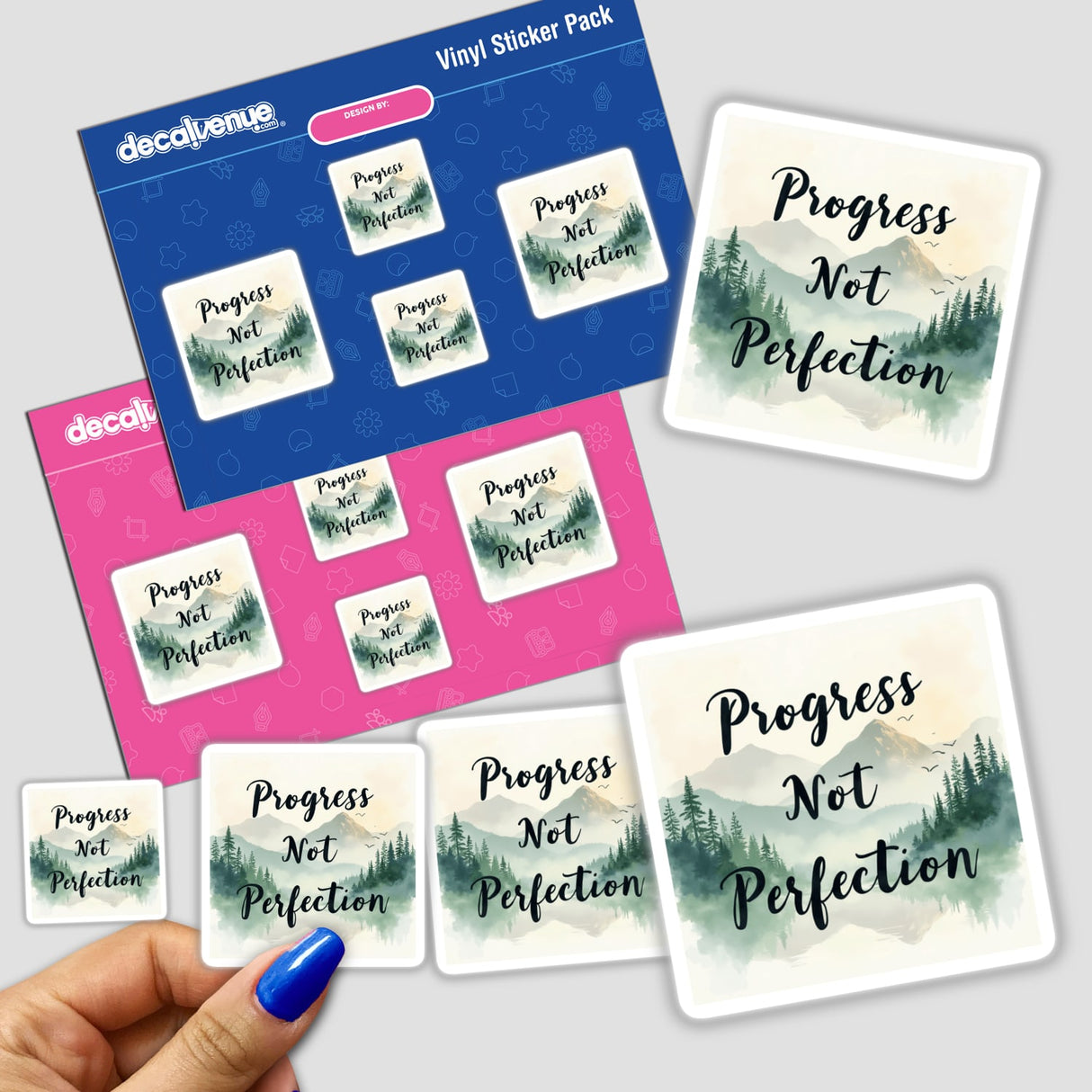 Hand holding the Progress Not Perfection Inspirational Mental Health Sticker pack, available as physical stickers or digital artwork.