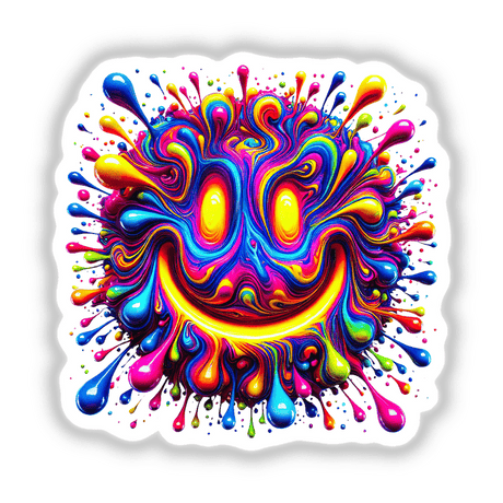 Psychedelic Melting Smile - Vibrant Colorful Drip Paint: A striking, colorful face featuring a melting smile, available as unique stickers or digital artwork, embodying a vivid, psychedelic aesthetic.