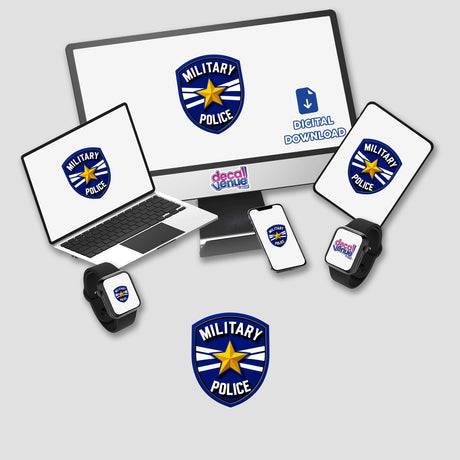 Military Police Shield Logo displayed on various devices, available as stickers or digital artwork. The logo features prominently on a laptop, tablet, and smartwatch, highlighting its versatility.