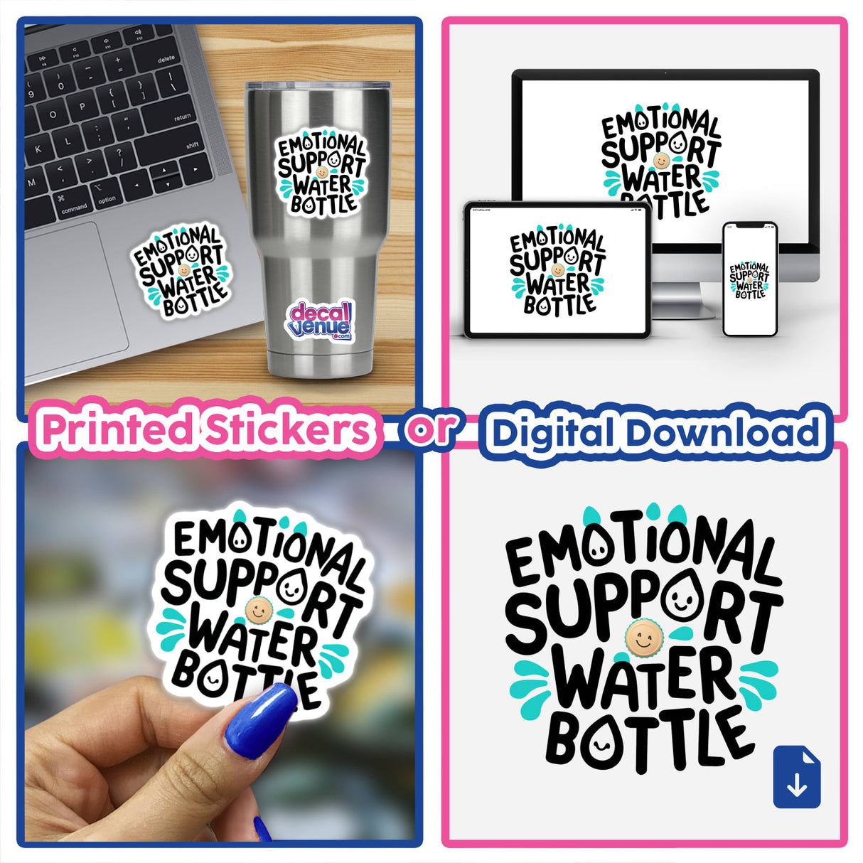 Vibrant "Emotional Support Water Bottle" - fun, colorful digital artwork on water bottle, laptop, and prints featuring a playful design