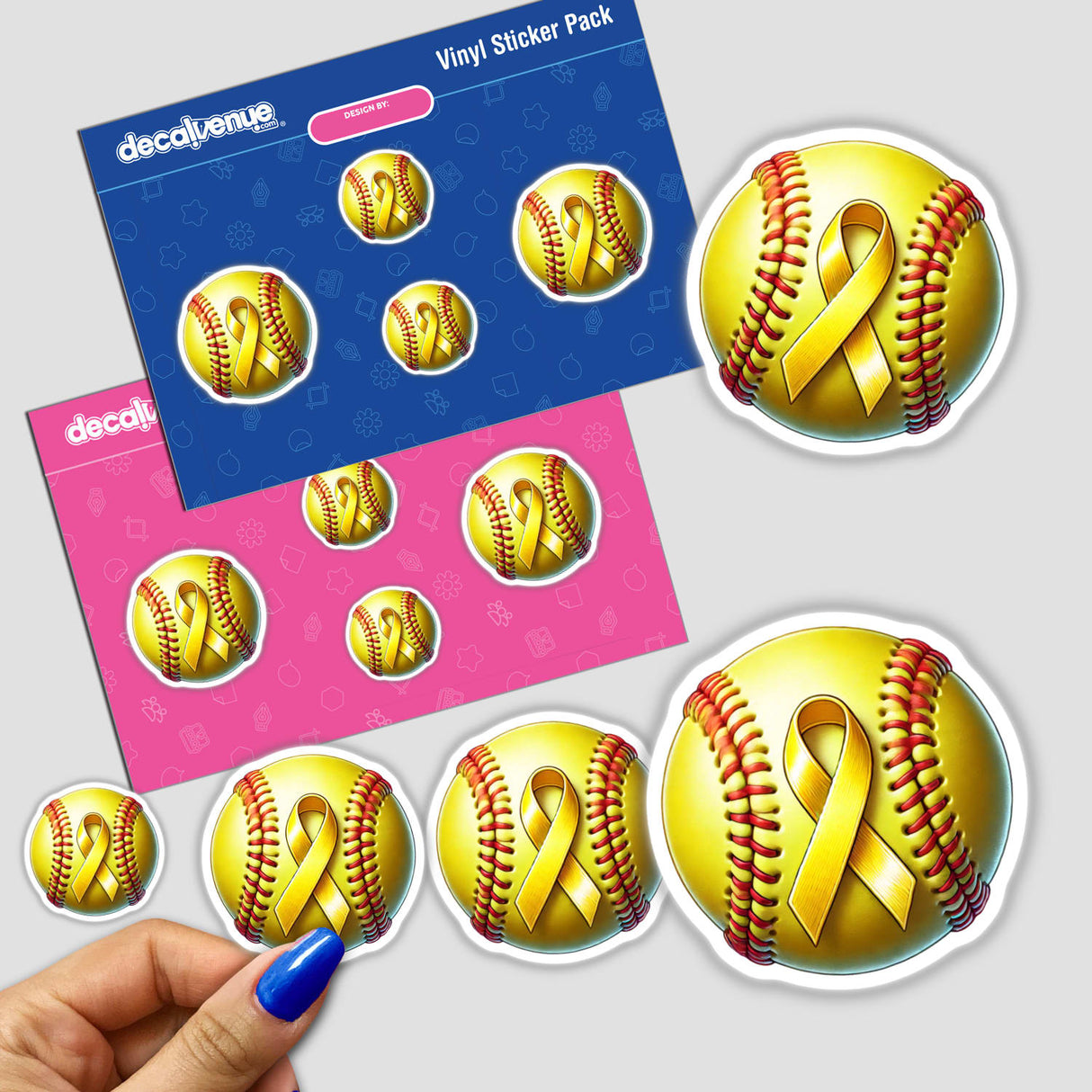 Yellow Ribbon Softball Childhood Cancer Awareness sticker featuring a yellow ribbon on a softball, available as stickers or digital artwork.