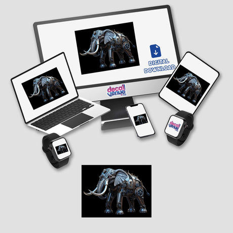 Steampunk Elephant with Intricate Gears and Mechanical Detailing displayed on various digital devices, showcasing its unique design available as stickers or digital artwork from Decal Venue.