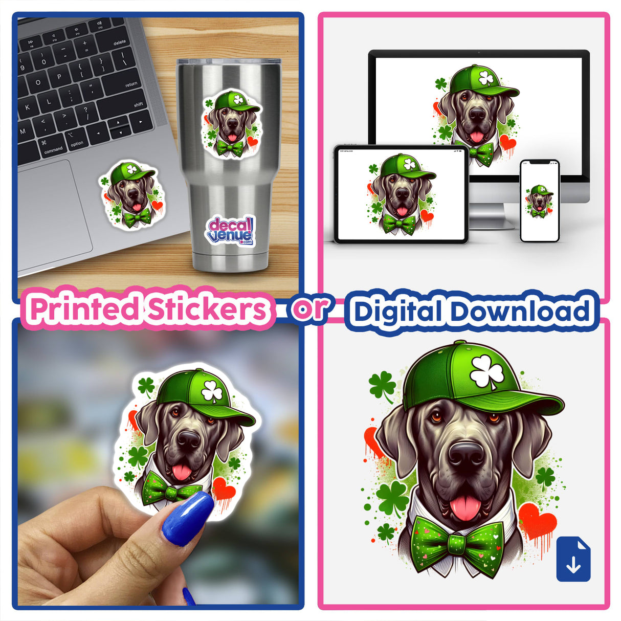 Clovers and Hearts Great Dane Dog sticker featuring a cartoon Great Dane wearing a hat and bow tie, shown on a laptop and held by a hand. Available as stickers or digital artwork.