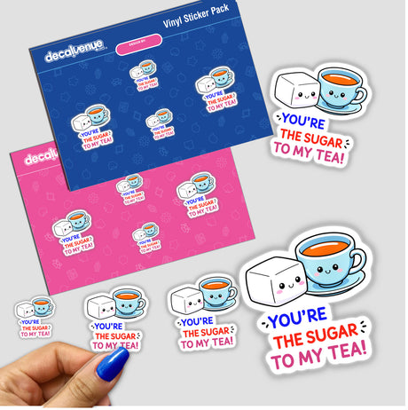 You're The Sugar To My Tea Funny Love Quote sticker featuring cartoon teacup and sugar cube illustrations, available as vinyl stickers or digital artwork from Decal Venue.