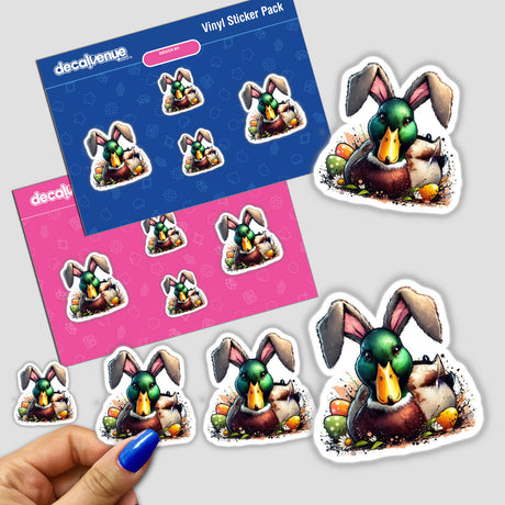 Sticker pack featuring a cartoon Mallard Duck Bunny sitting on Easter eggs, available as vinyl stickers or digital artwork, reflecting Decal Venue's unique collection.