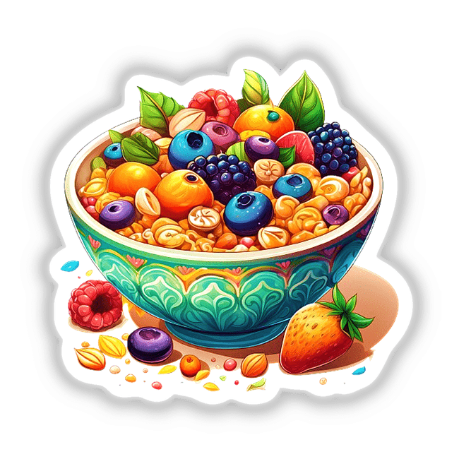 Fruity cereal depicted in a bowl, topped with fresh fruits. Available as unique stickers or digital artwork from Decal Venue.