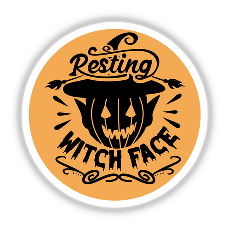 Resting Witch Face logo featuring a black hat and text, available as stickers or digital artwork.