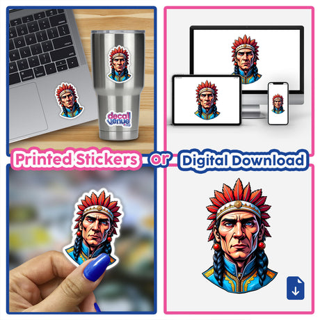 Collage featuring a laptop adorned with a sticker of a Native American Warrior Chief, showcasing unique vinyl stickers and digital art available at Decal Venue.