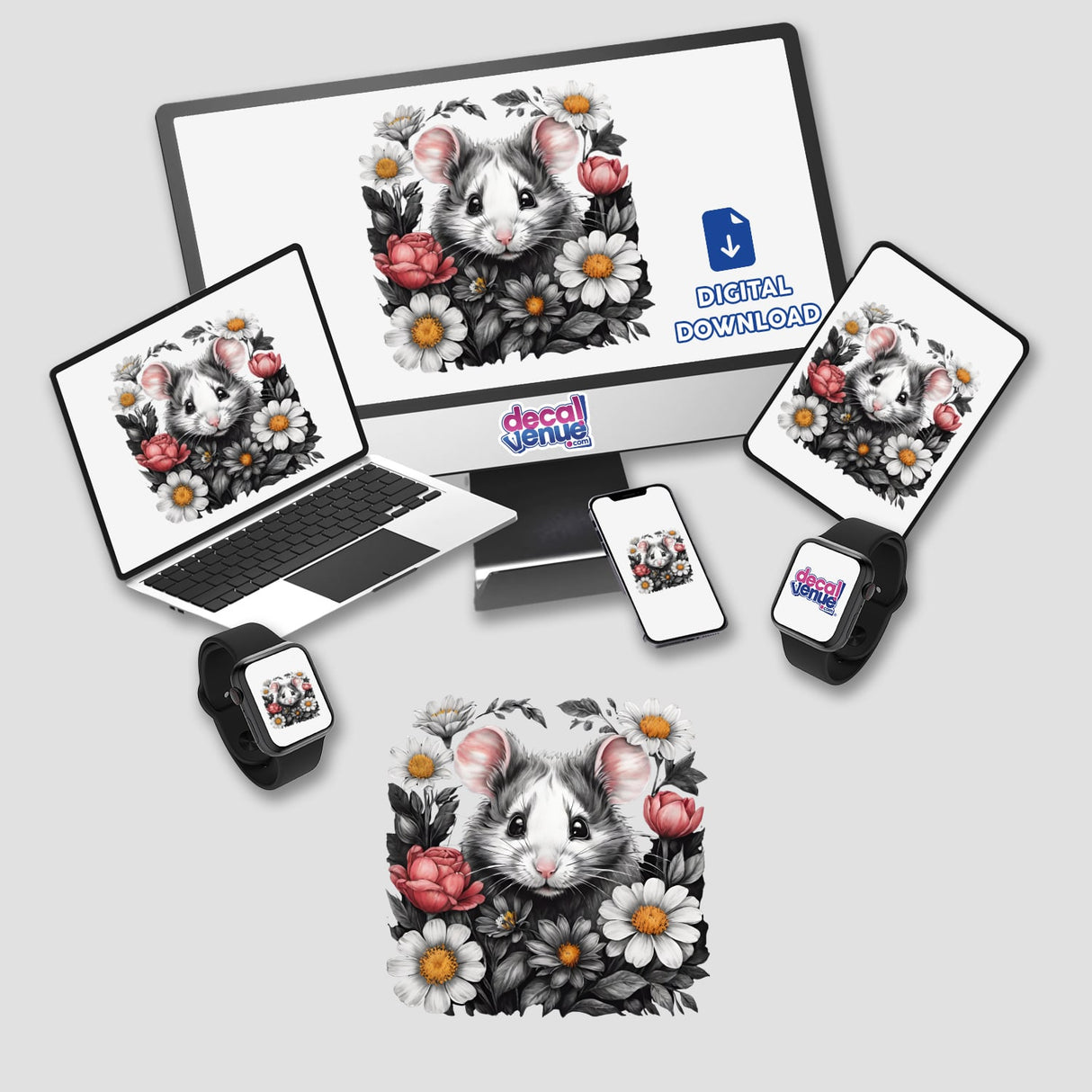 Whimsical mouse portrait with floral accents on various digital devices from the Decal Venue store.