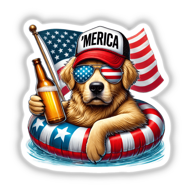 Patriotic golden retriever dog wearing 'MERICA' cap, sunglasses, and floating on American flag inner tube, holding beer bottle in Decal Venue digital artwork.