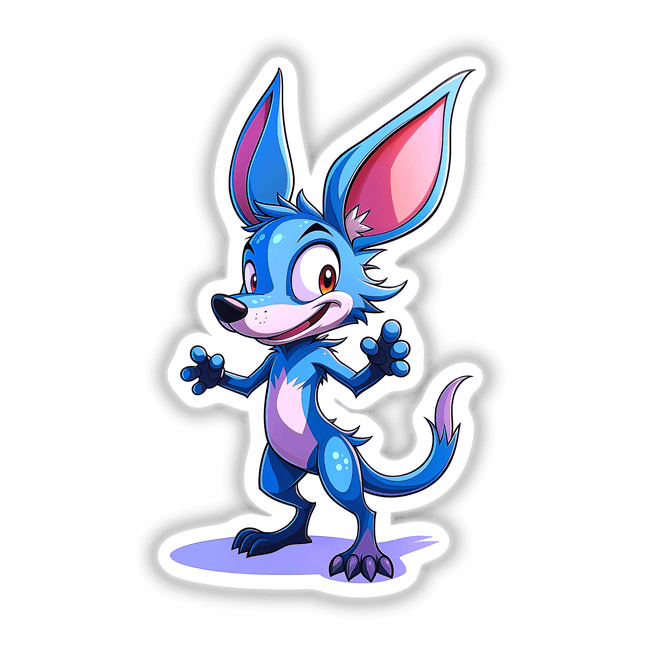 Canine Fighter - K-9 Crusader: Cartoon blue animal with long ears and pink tail, depicted as a heroic figure. Available as stickers or digital artwork from Decal Venue.