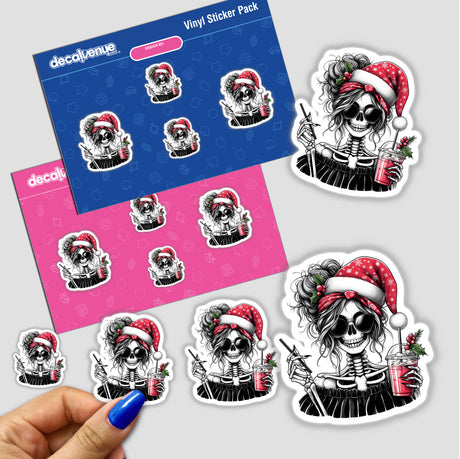 Christmas Santa Skeleton Mama sticker pack featuring skeletons in Santa hats and sunglasses, holding drinks, and close-ups of festive nail designs. Available as stickers or digital artwork.