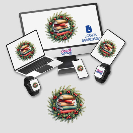 Books in a Christmas Wreath displayed on a laptop and monitor, featuring a festive design of books encircled by a wreath, embodying DecalVenue's unique holiday-themed digital artistry.