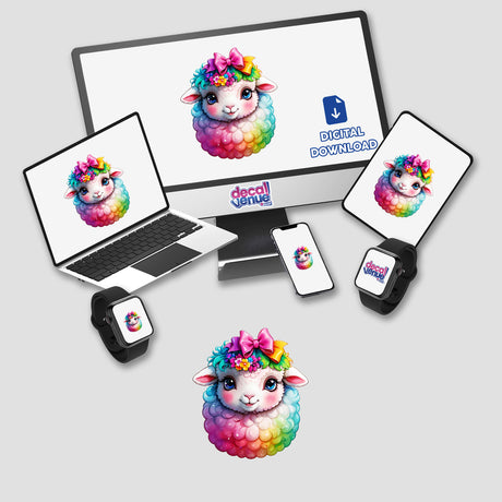 Adorable Fluffy Sheep with Pink Bow: Rainbow Colors Sticker displayed on a laptop, monitor, smartphone, and smartwatch, each featuring a cartoon sheep on their screens.