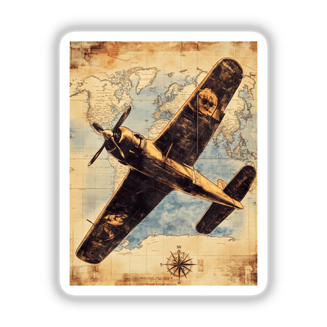 Vintage Airplane on Antique Map: Illustration of a vintage airplane flying over a detailed antique map, featuring a compass rose and close-up of a propeller, available as stickers or digital artwork.