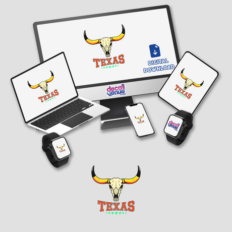 Texas USA Skull Design displayed on a computer monitor and laptop, featuring a stylized cow skull with horns, available as stickers or digital artwork from Decal Venue.