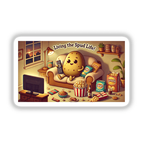 Lazy Couch Potato - Living the spud life: A cartoon potato lounges on a couch, surrounded by snacks and a remote, perfect as stickers or digital artwork.