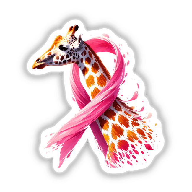 Giraffe Pink Ribbon Breast Cancer: A detailed illustration of a giraffe adorned with a pink ribbon, available as stickers or digital artwork.