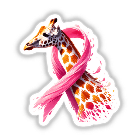 Giraffe Pink Ribbon Breast Cancer: A detailed illustration of a giraffe adorned with a pink ribbon, available as stickers or digital artwork.