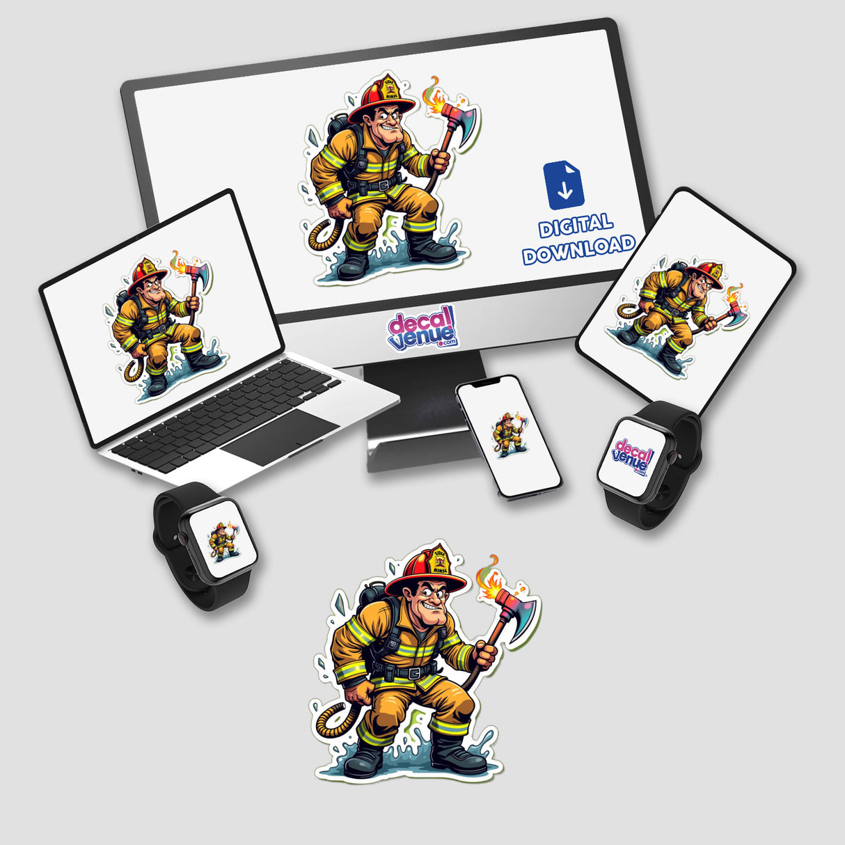 Bombeiro Machado stickers and digital artwork featuring a cartoon firefighter holding an axe, displayed on various devices including laptops, phones, and smartwatches.