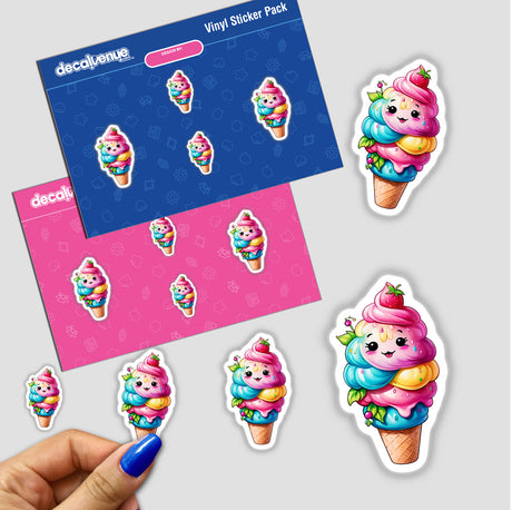 Happy ice cream cone sticker pack featuring various cartoon ice cream cone designs, available as stickers or digital artwork.