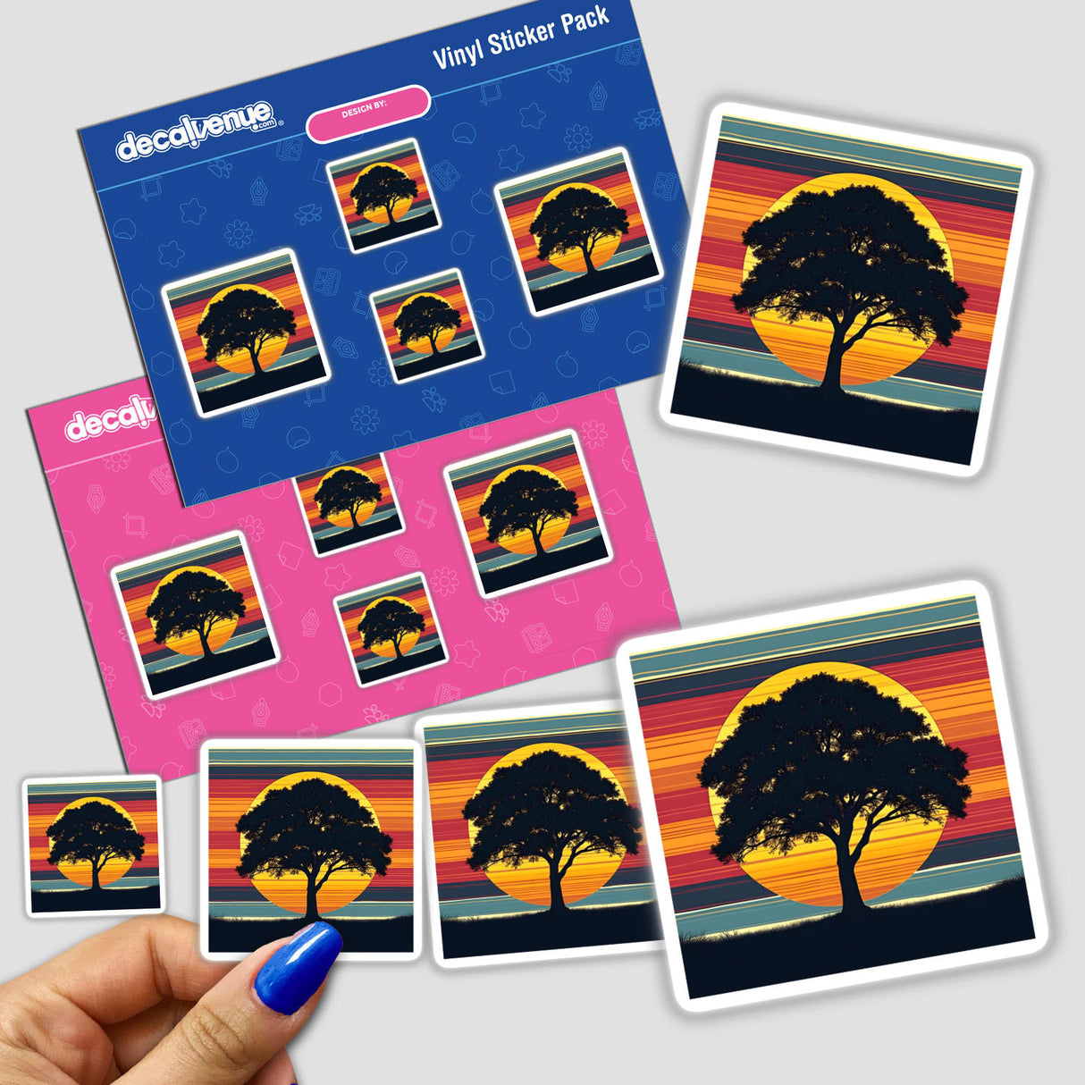 Tree Silhouette with Colorful Horizontal Stripes: A close-up of a sticker featuring a tree silhouette against a vibrant sunset, available as physical stickers or digital artwork.