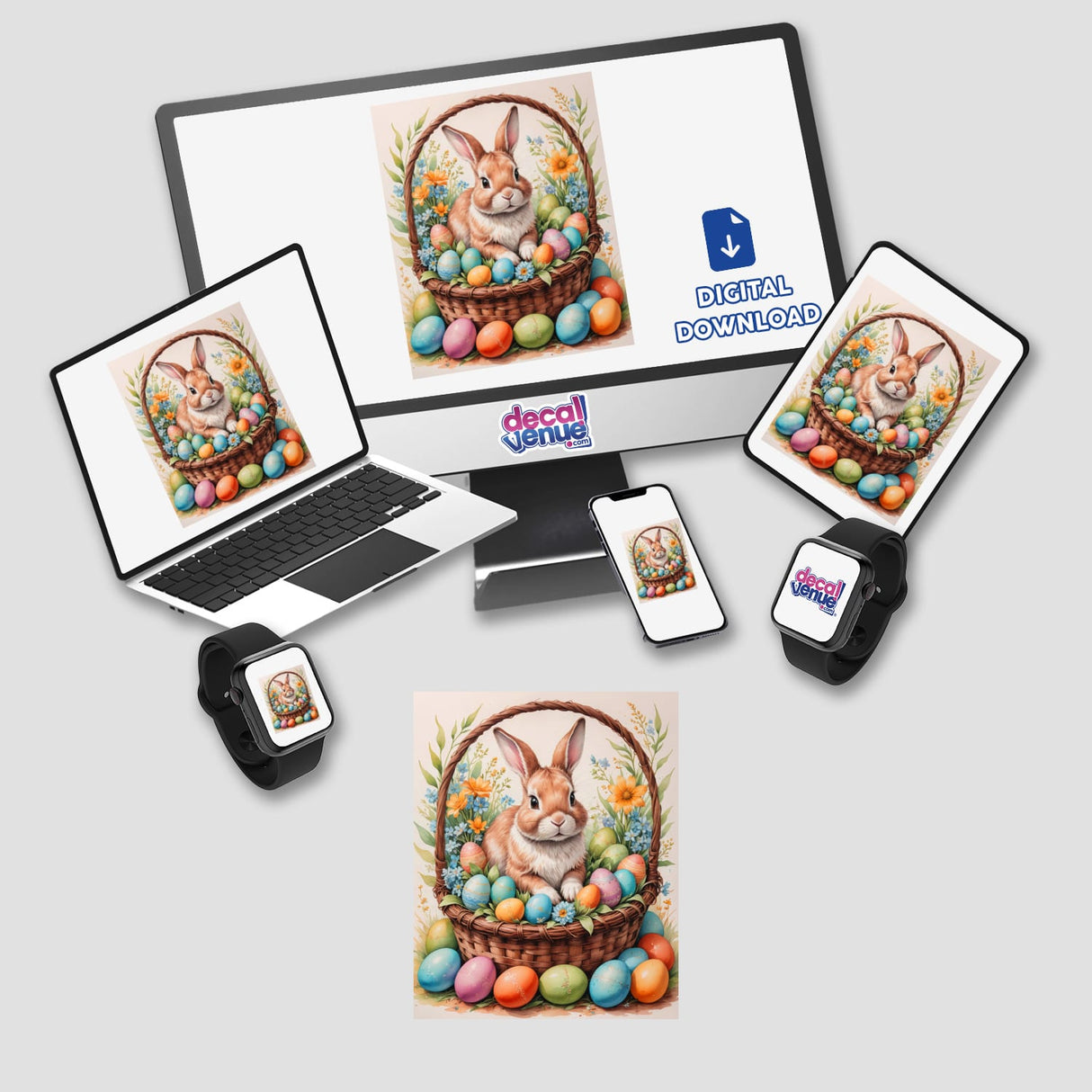 A Cute Easter Bunny In A Basket With Eggs displayed on a computer monitor and laptop, available as stickers or digital artwork from Decal Venue.