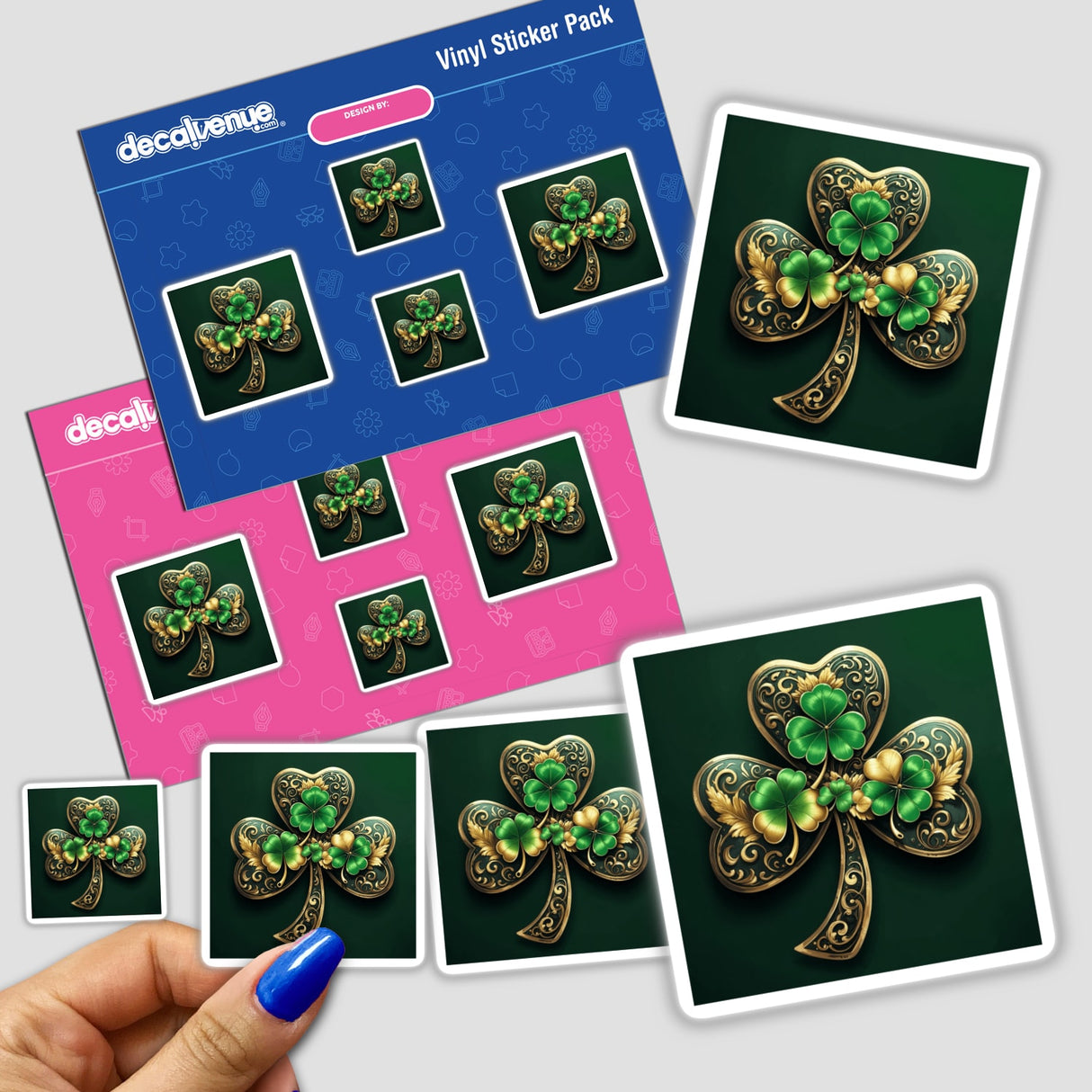 Hand holding a sticker pack featuring an Elegant Golden Shamrock with Intricate Filigree and Green Clover Accents, showcasing the unique vinyl sticker offering from Decal Venue.