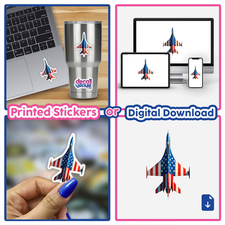 Collage featuring A Cool American Flag Fighter Jet stickers on a laptop; available as unique stickers or digital artwork from Decal Venue.