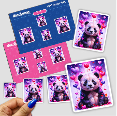 Cute panda bear surrounded by love hearts and balloons, featured as a sticker or digital artwork.