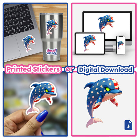 Collage featuring A Cool American Flag Dolphin as stickers and digital artwork, displayed on a laptop and held by a hand, showcasing cartoon dolphins with flag patterns.