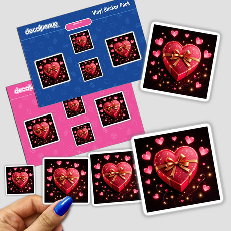 Heart-Shaped Box of Chocolates with Gold Ribbon sticker pack held in hand, showcasing intricate heart designs, available as stickers or digital artwork.