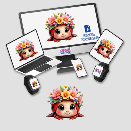 Adorable Ladybug with a Spring Flower Crown displayed on digital screens, showcasing its charm as both stickers and digital artwork.