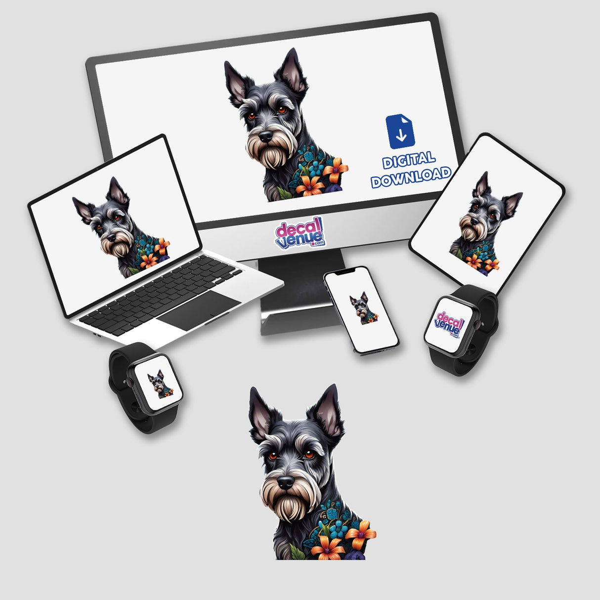 Detailed Schnauzer dog portrait in colorful digital artwork for Decal Venue's product line