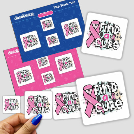 Gold Breast Cancer Series 18 stickers featuring pink ribbons and supportive text, with a close-up of a finger with blue nail polish holding one sticker.