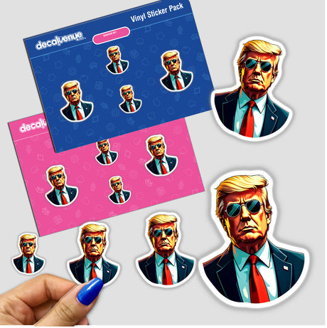 Stickers featuring a cartoon of President Donald Trump wearing sunglasses. The design showcases him in a suit and is available as both stickers and digital artwork.