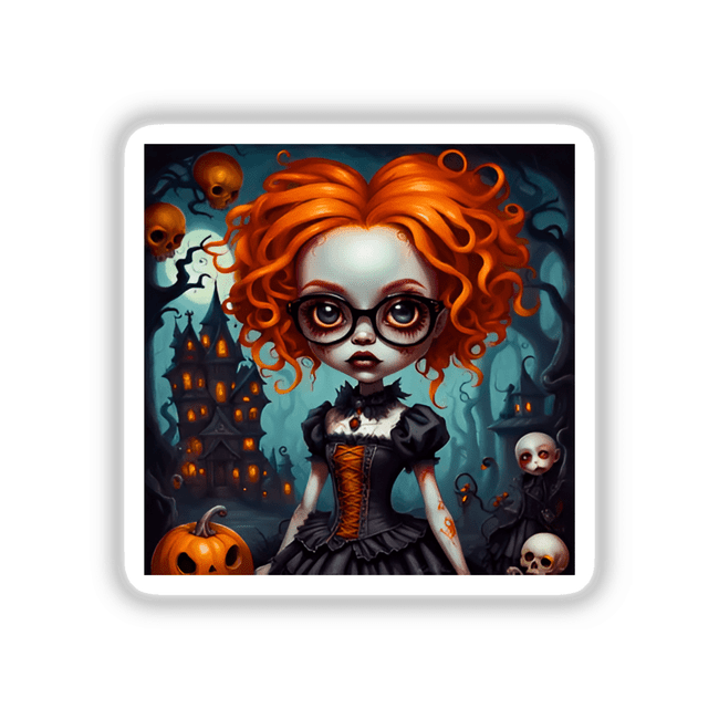 Girls of Gothic sticker or digital artwork featuring a red-haired girl with glasses and a carved pumpkin, perfect for Halloween-themed decor.