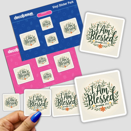 Hand holding I Am Blessed - Jeremiah 17:7 faith-based sticker pack, highlighting intricate design. Available as stickers or digital artwork, perfect for personal or commercial use from Decal Venue.