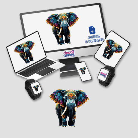 Vibrant floral elephant portrait on digital devices from Decal Venue, showcasing the digital artwork's versatility across various products.