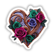 Bronze Swirl Heart adorned with green, pink, and purple roses, available as stickers or digital artwork from Decal Venue, highlighting intricate floral details and artistic design.