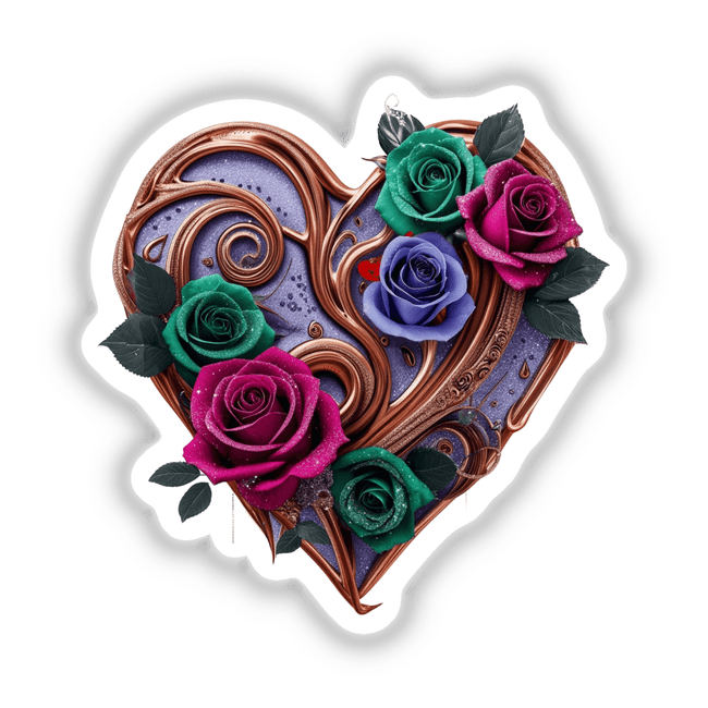 Bronze Swirl Heart adorned with green, pink, and purple roses, available as stickers or digital artwork from Decal Venue, highlighting intricate floral details and artistic design.