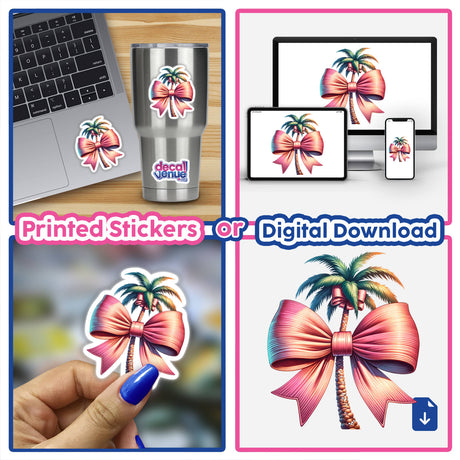 Palm trees with festive pink bow decals displayed on various products including a laptop, travel mug, and digital devices, offered as printed stickers or digital downloads by Decal Venue.