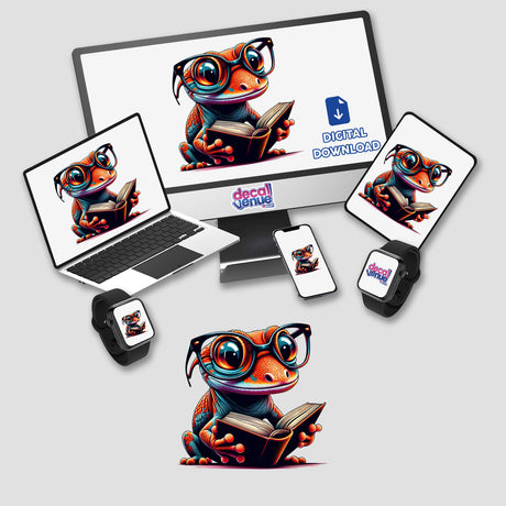 Gecko With Reading Glasses Open Book depicted on a computer monitor and various devices, available as stickers or digital artwork.