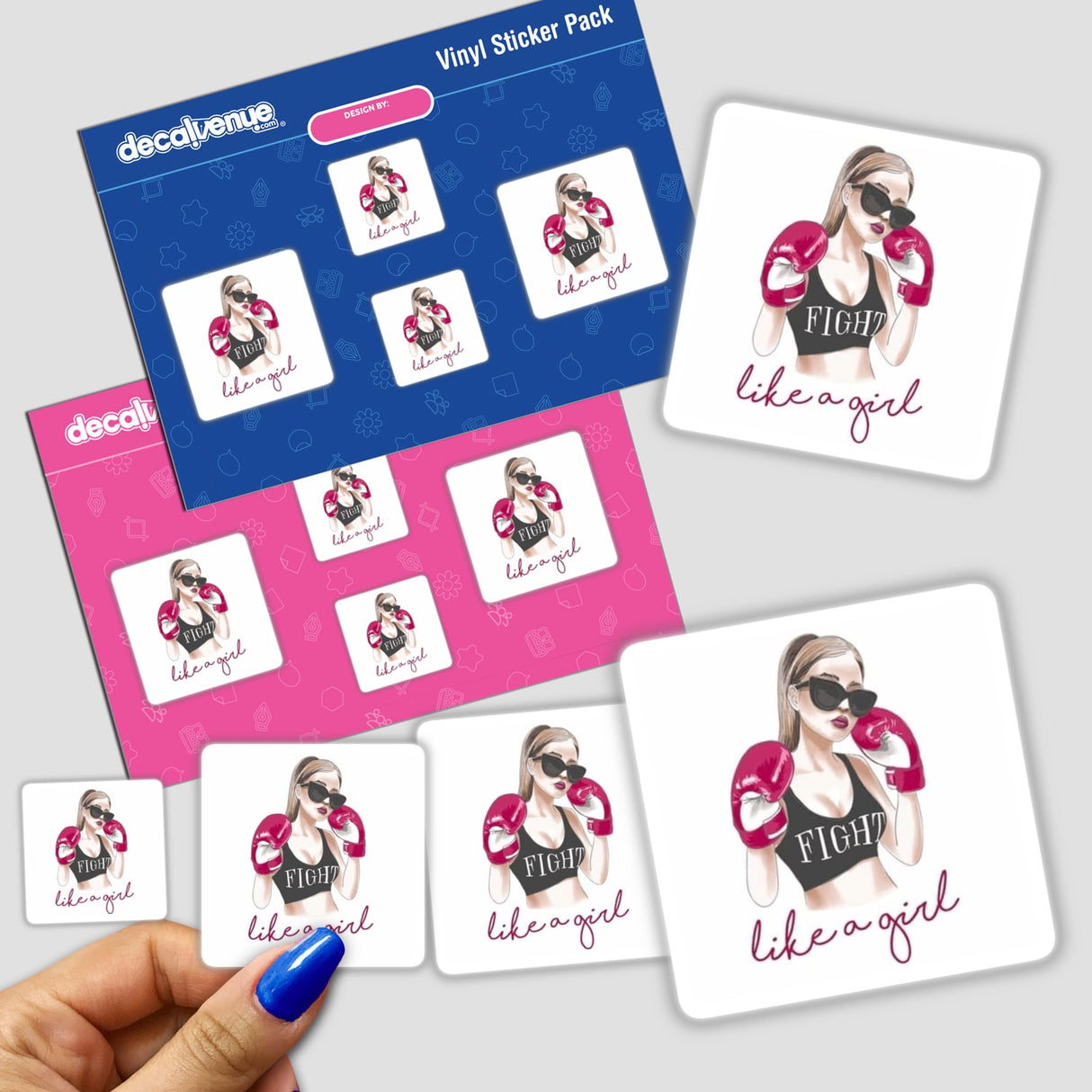 Gold Breast Cancer Series 14 sticker features a woman wearing boxing gloves and sunglasses, symbolizing strength and resilience. Available as stickers or digital artwork.